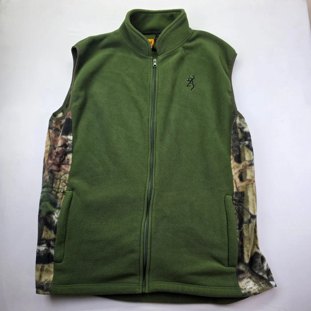 Browning Men's Fleece Vest Camo Accents Green Full Zip Casual Sportswear XL
